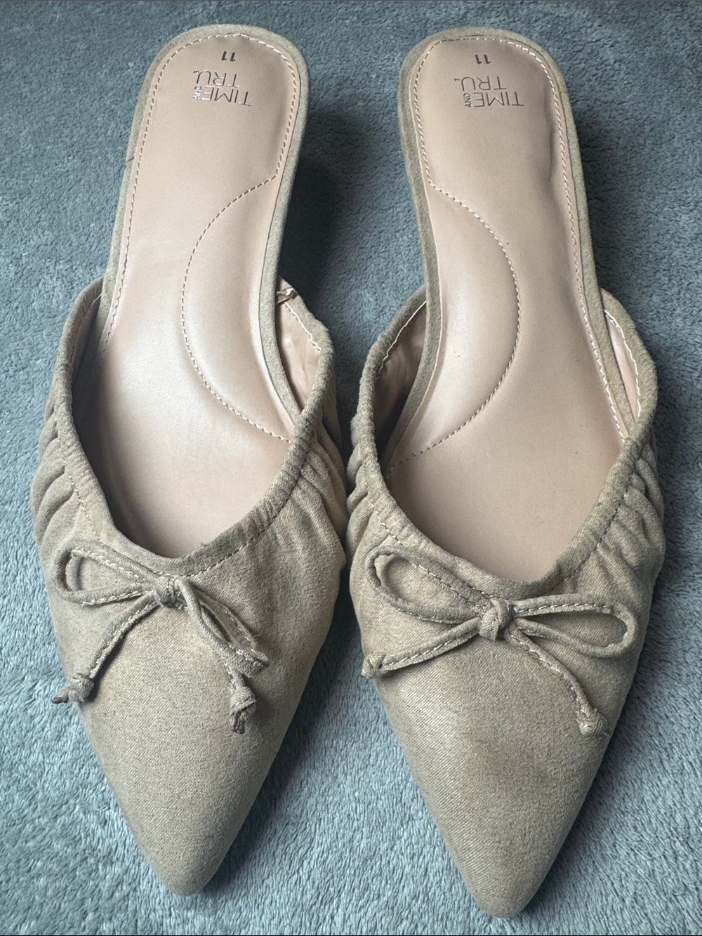 Time and Tru Beige Pointed-Toe Slip-On Mules with Bow